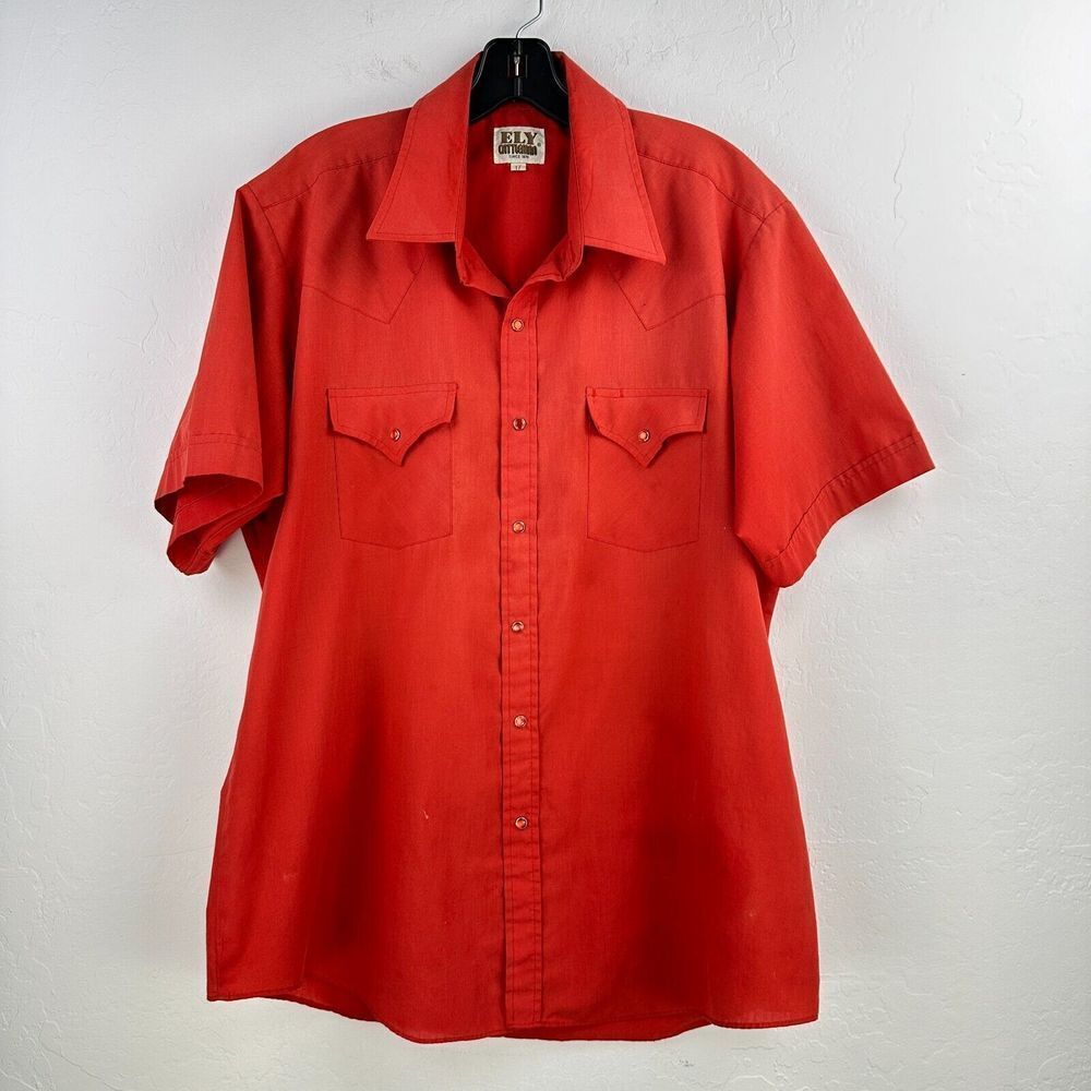 Vintage Ely Cattleman Shirt Mens 17 Red Woven Pearl Snap Short Sleeve Western